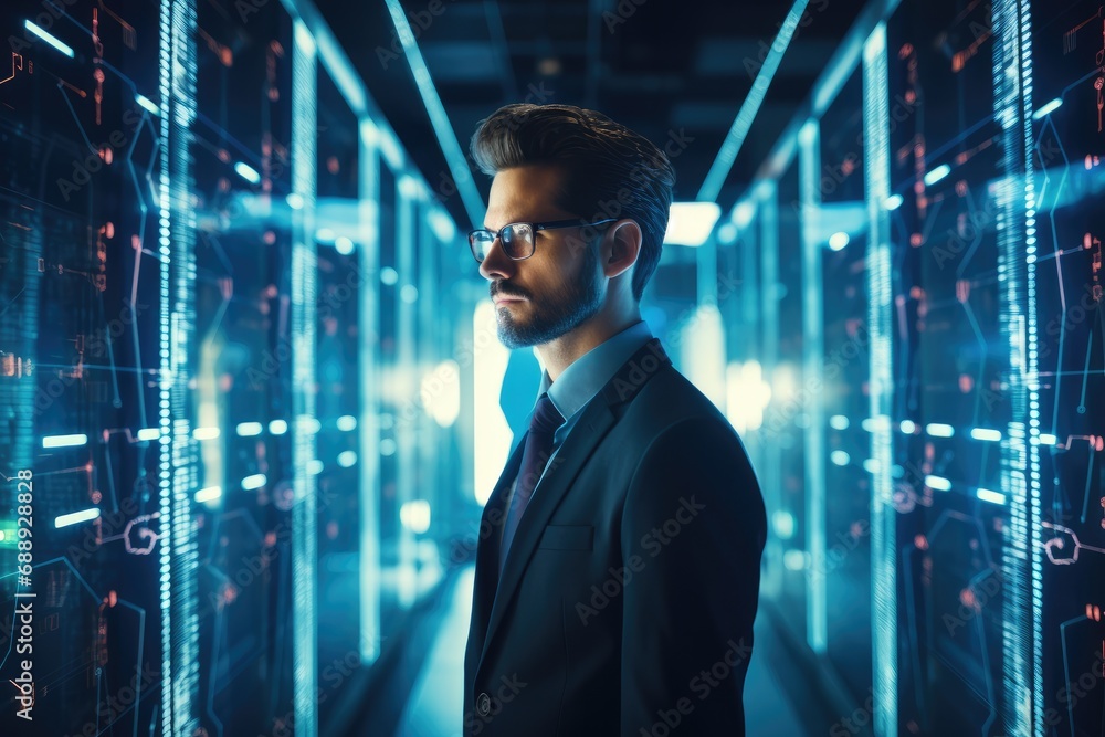 Poster Cybersecurity businessman projecting data servers in the style of light indigo and light azure.
