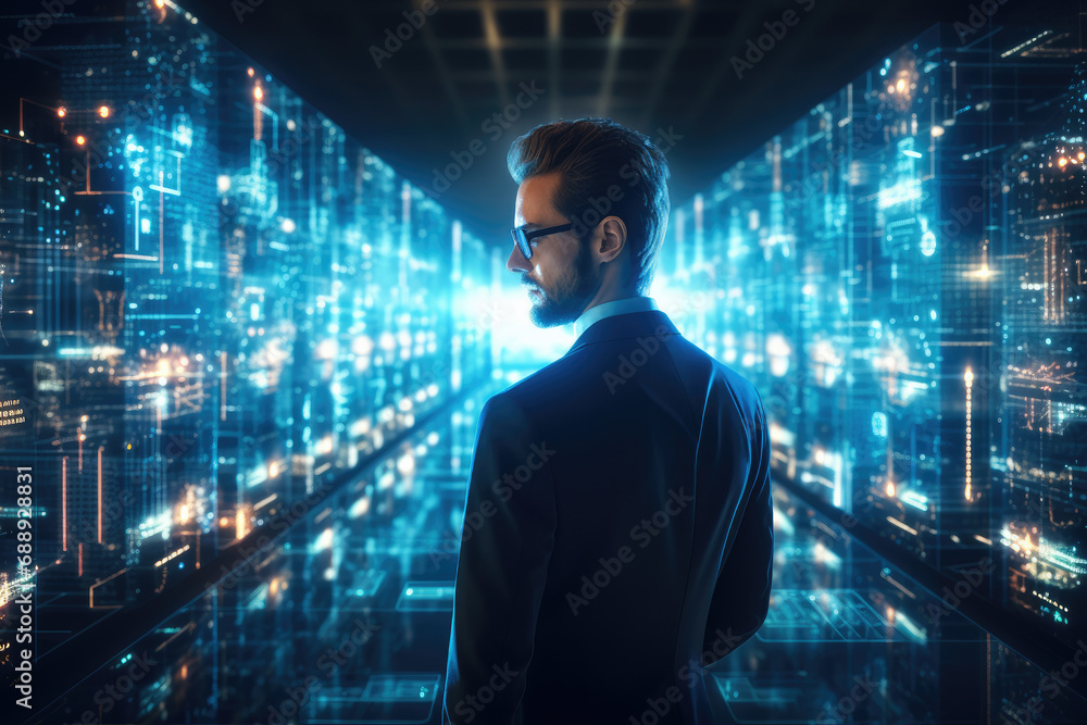 Aufkleber Cybersecurity businessman projecting data servers in the style of light indigo and light azure.