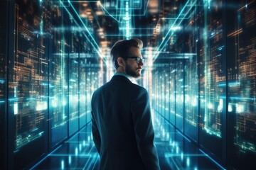 Fototapeta premium Cybersecurity businessman projecting data servers in the style of light indigo and light azure.