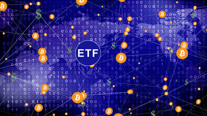 Financial technology and crypto revolution concept for future of digital money mapping dollar flow in bitcoin etf fund and its connection to decentralized blockchain network