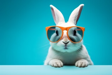 Abstract clip-art of White Rabbit wearing trendy sunglasses. Contemporary colourful background. Copy space. Summer minimalism. For posters, planners, web, landing page, illustration. Generative AI
