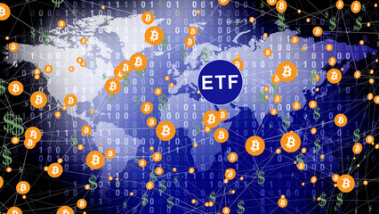 Cryptocurrency revolution bitcoin etf maps digital trading future with connected lines of financial technology, decentralized wealth, and soaring investment returns