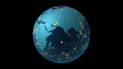 International bitcoin globe with crypto currency symbol on black background representing digital money revolution and financial industry growth in market