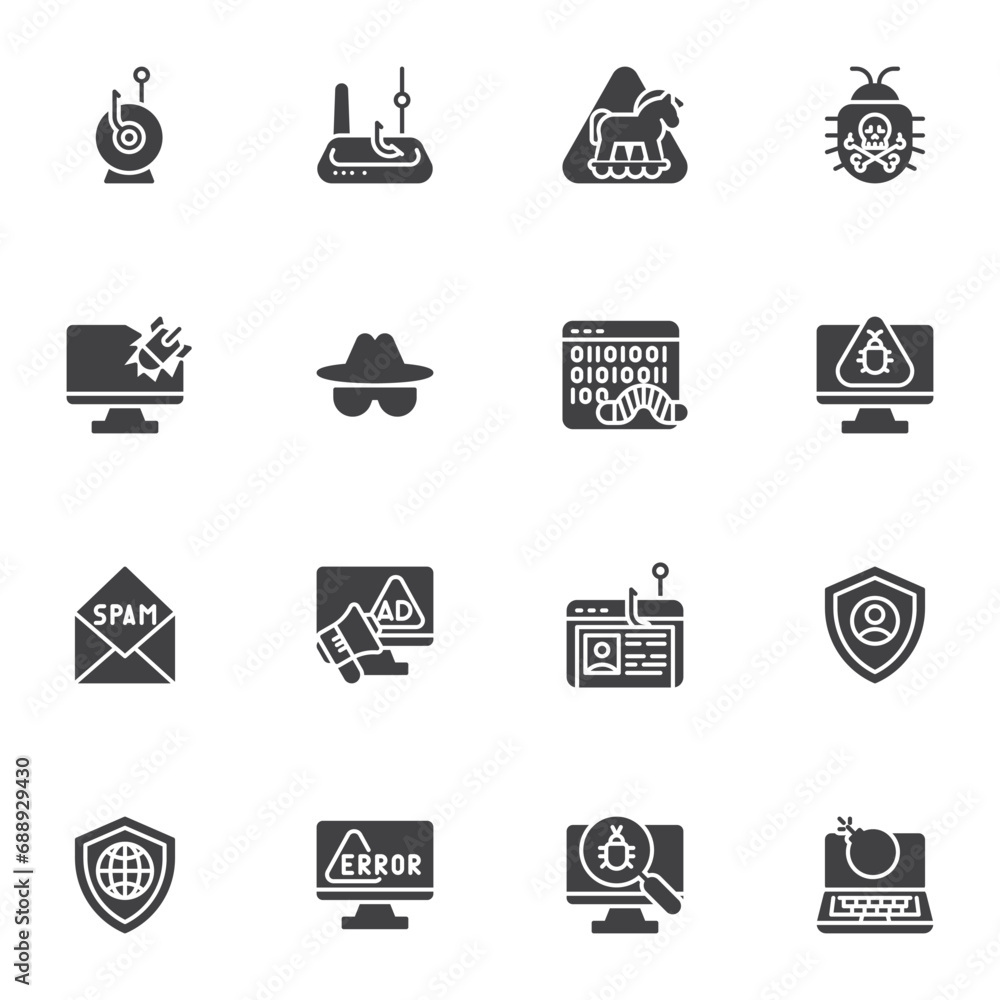 Poster hacking and cyber attack vector icons set