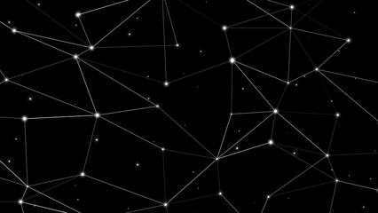 Connected dots and lines grid creating modern abstract background design with black and white texture, forming random pattern on black backdrop