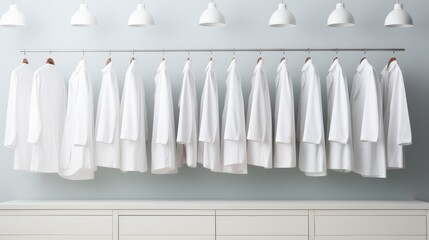 A minimalist wardrobe filled with pristine white doctor coats.