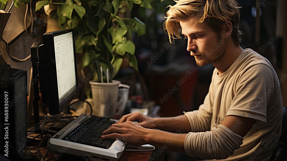 Poster a man works or plays in front of a monitor while sitting at a computer, the concept of remote work a