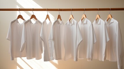 White shirts hang neatly on hangers against a white wall.