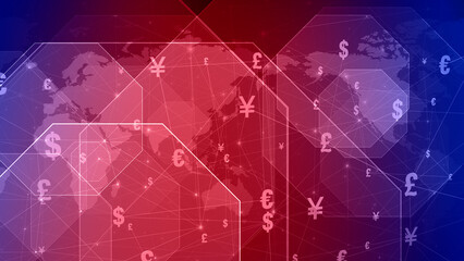 International world map with pound, symbol, yen, euro, yuan, dollar highlighting currency finance and financial news in world