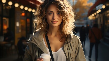 Beautiful young woman with a glass of coffee to go in a big city, woman drinks coffee on the go - obrazy, fototapety, plakaty
