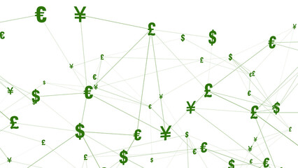 Yen, pound, euro, dollar, yuan international unit of currency. white background with monetary symbols signifies global exchange market and concept of finance