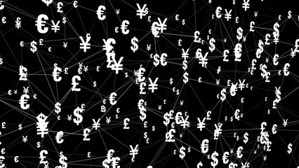 Pound, dollar, euro, yen currency symbols of official currencies in united kingdom, united states, europe, and japan, connecting global finance and economic markets
