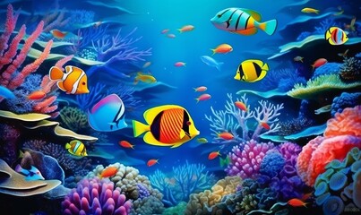 Animals of the underwater sea world. Ecosystem. Colorful tropical fish. Generative AI