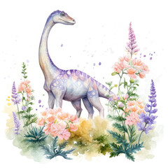 Diplodocus and flower Illustration, Generative Ai