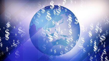 Dollar sign globe international world of financial news, shares, taxation, and profit with dollars background, corporate marketing, savings, payment, and insurance