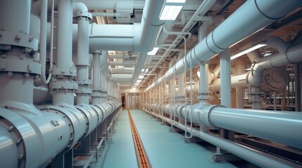 Naklejka premium Pipe infrastructure adjacent to gas factory buildings.