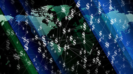 Money map shows global distribution of usd and inflation rates, highlighting financial news, international exchange, and business rewards - obrazy, fototapety, plakaty