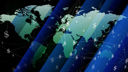 Finance map shows global inflation and dollar value world map with dollars background, sign, and countries highlighting financial news, corporate earnings, and asset shares