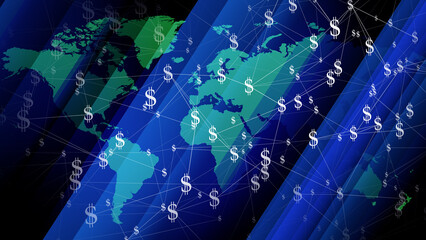 World map with dollars background for financial news, inflation, and money. usd sale and finance presentation with dollar sign icon. international dollars money map for global profit and investment