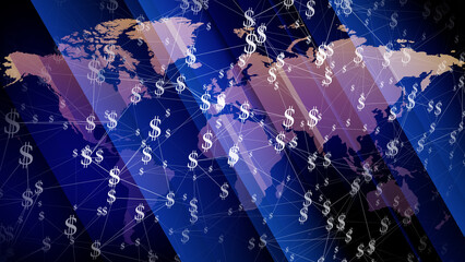 World map with dollars background financial news sphere showcasing global inflation, international finance, and worth of earnings in countries like australia and usa