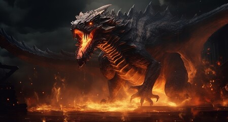 Fire breathes explode from a giant dragon in a black night. Generative AI