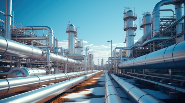 Pipe infrastructure adjacent to gas factory buildings.