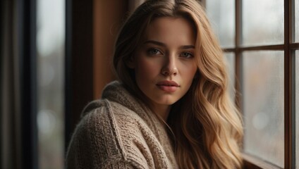 Young Woman in Rustic Cabin Wearing a Warm Wool Sweater. Generative IA