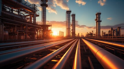 Pipeline and pipe rack of petroleum industrial plant with sunset sky background.