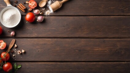 Flour on a wooden board. cooking kitchen background. Empty copy space.