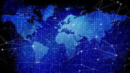 Global communication and map lines connecting dots of binary code in digital world of cyber security and technology news