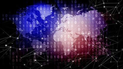 Cyber security and global communication in digital world map lines dots binary algorithm cyber attack and data privacy for network security
