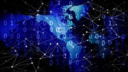 Algorithm for map lines and dots using binary code technology news on global network, cyber crime, and global communication in digital world