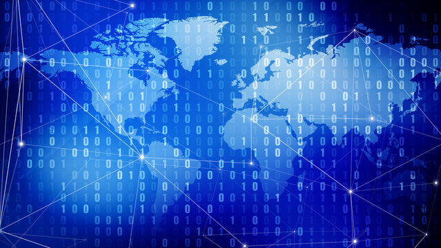Global network map lines, dots, and binary code exploring cyber security of digital world and combating cyber crime through global communication and technology news
