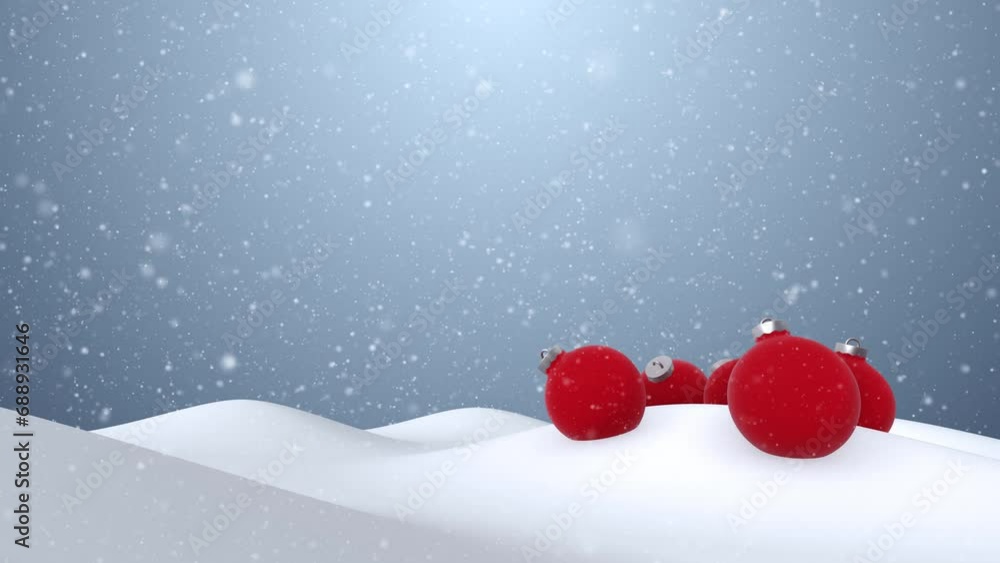 Poster magic christmas ornaments in the snow with loop snowfall.