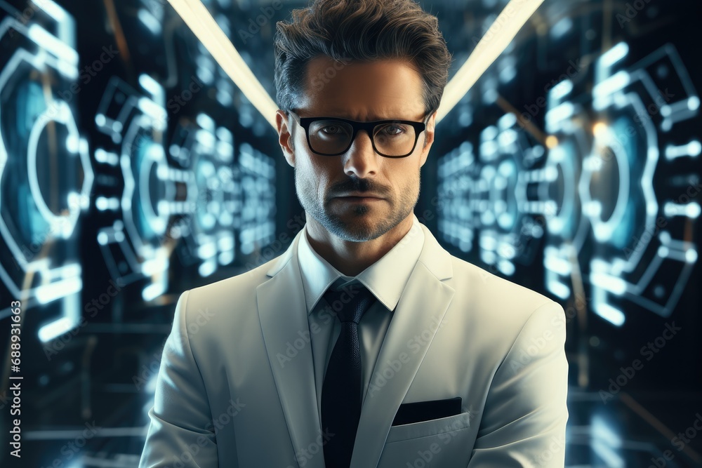 Poster businessman wearing glasses using ai-powered software to make better decisions.