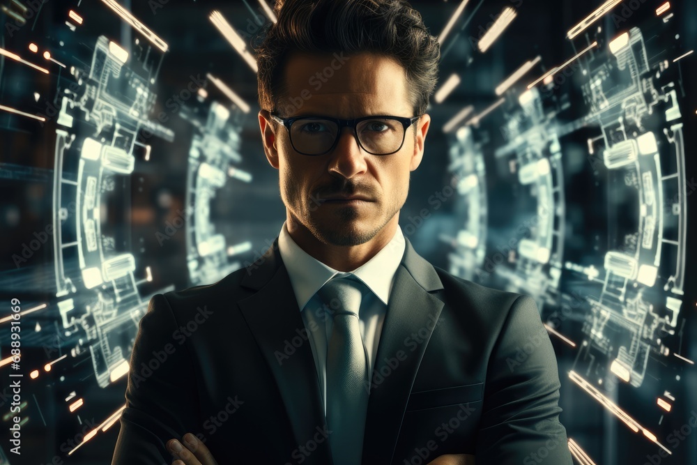 Poster Businessman wearing glasses using AI-powered software to make better decisions.