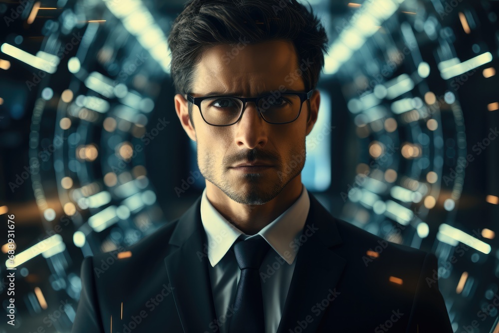 Poster businessman wearing glasses using ai-powered software to make better decisions.