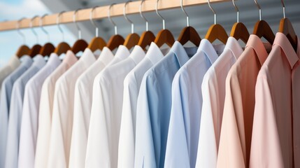 Rack with row of clean shirts on hangers.