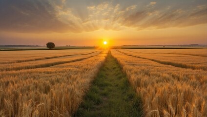 Fototapeta na wymiar Sunset in a ripe wheat field. Generative AI