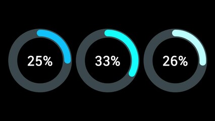2D animation of Circle doughnut Pie chart with percentage progress on black background screen. Statistics, increase, growth, rise. Business and finance concept. 4K resolution video. 
