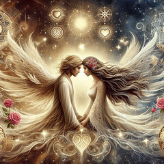 Twin flame couple. Soulmates. The concept of magical, esoteric, tantric, spiritual love. Connection between souls. Illustration for websites and much more. Created using generative ai tools.