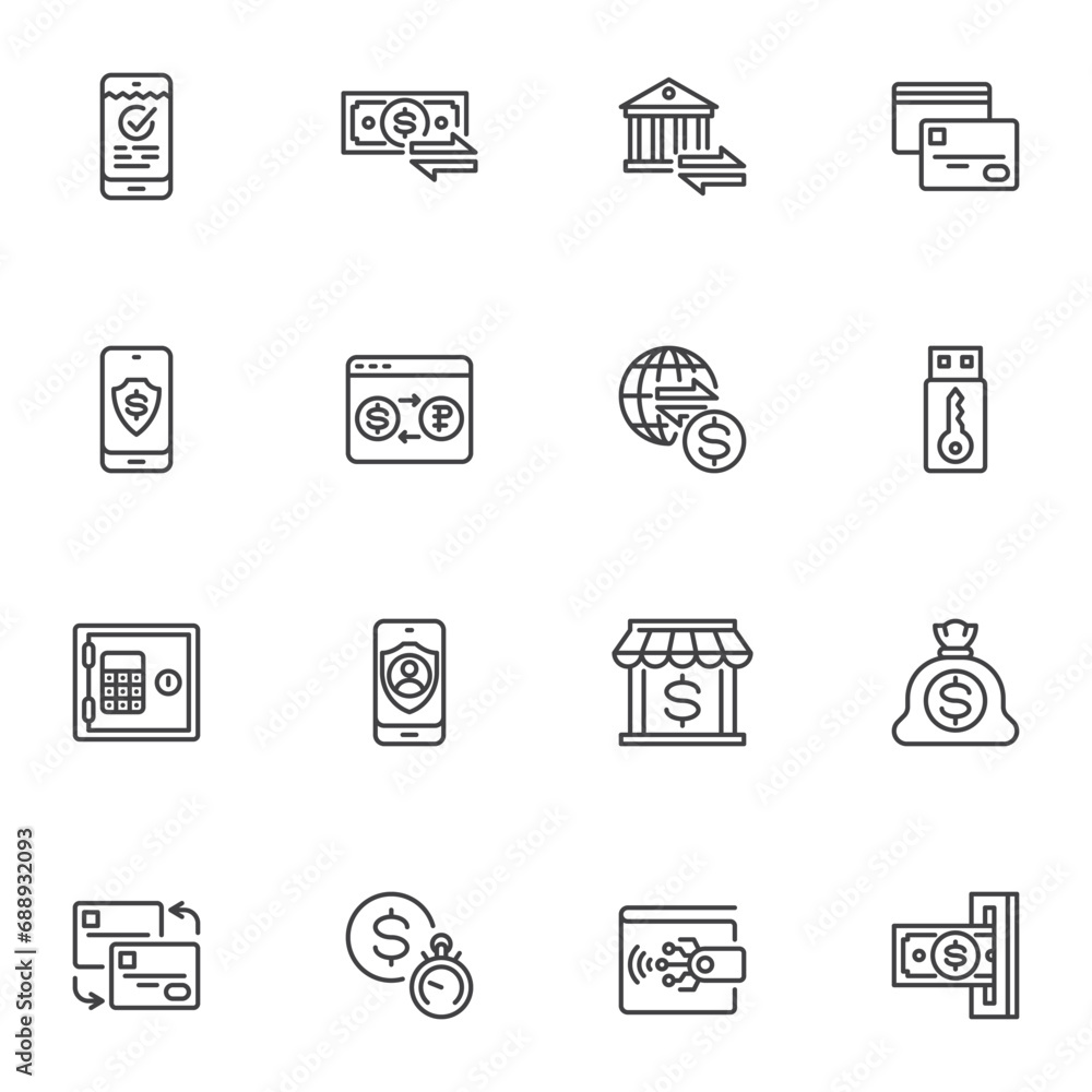 Poster banking transactions line icons set,