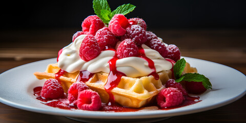 Sweet Temptations: Raspberries and Cream Drizzled Belgian Waffles

