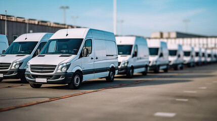 White cargo vans parked at warehouse. - obrazy, fototapety, plakaty