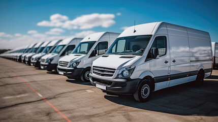 Row of white cargo vans ready for dispatch at warehouse.