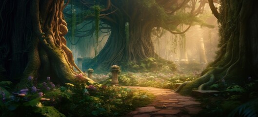 A beautiful fairytale enchanted forest with big trees and great vegetation. Generative AI