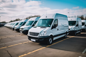 White cargo vans parked at warehouse. - obrazy, fototapety, plakaty