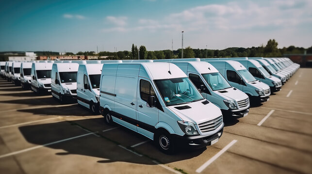 Row of white cargo vans ready for dispatch at warehouse.