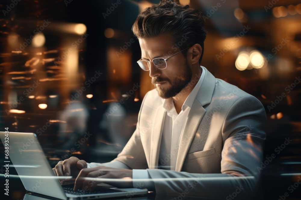 Poster double exposure businessman working on a virtual screen.