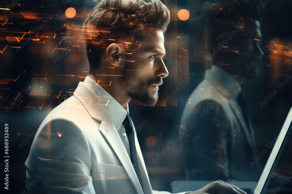 Poster double exposure businessman working on a virtual screen.